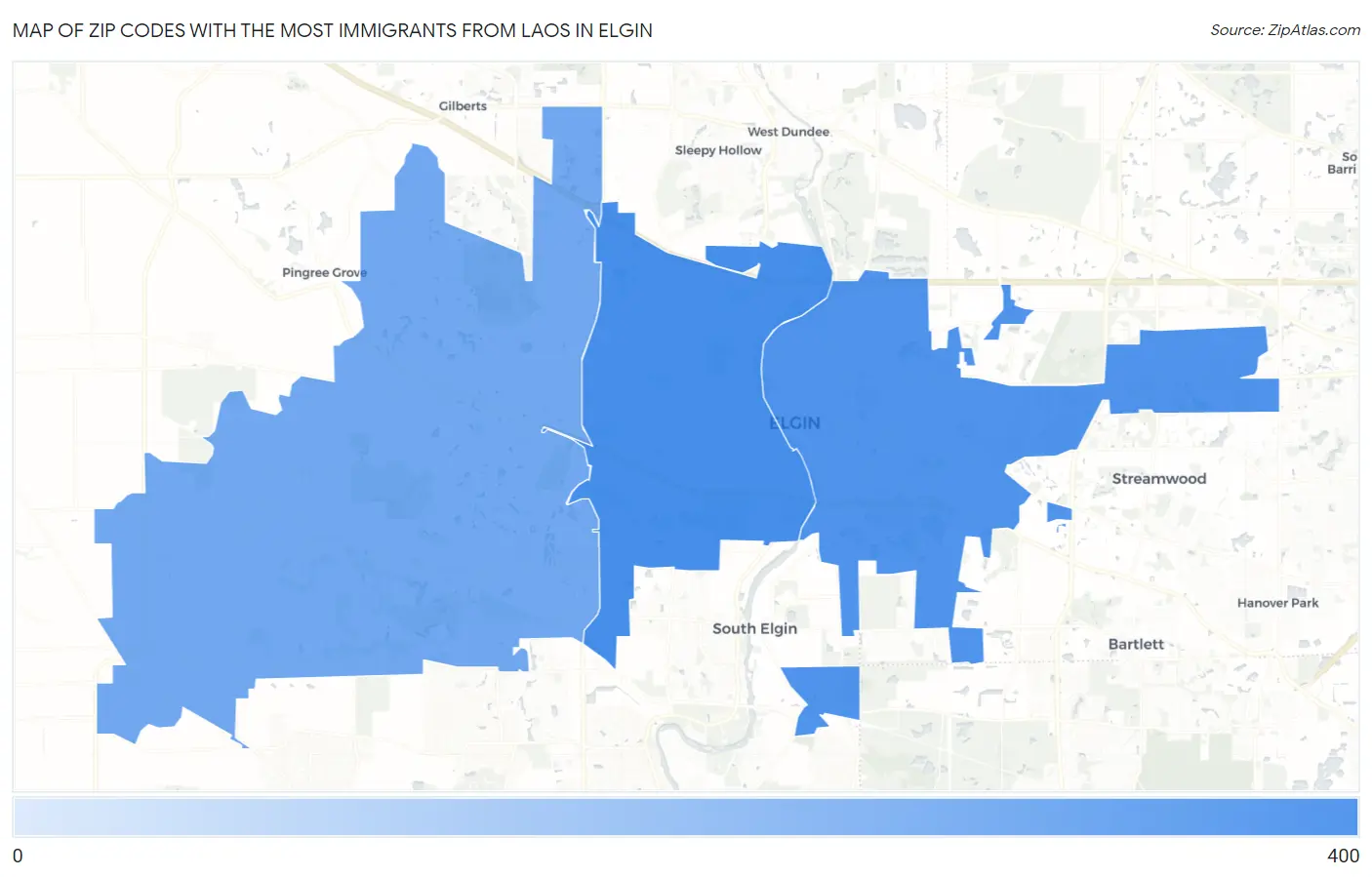 Zip Codes with the Most Immigrants from Laos in Elgin Map