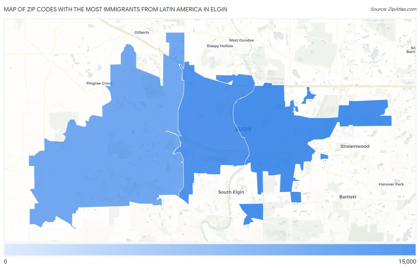 Zip Codes with the Most Immigrants from Latin America in Elgin Map