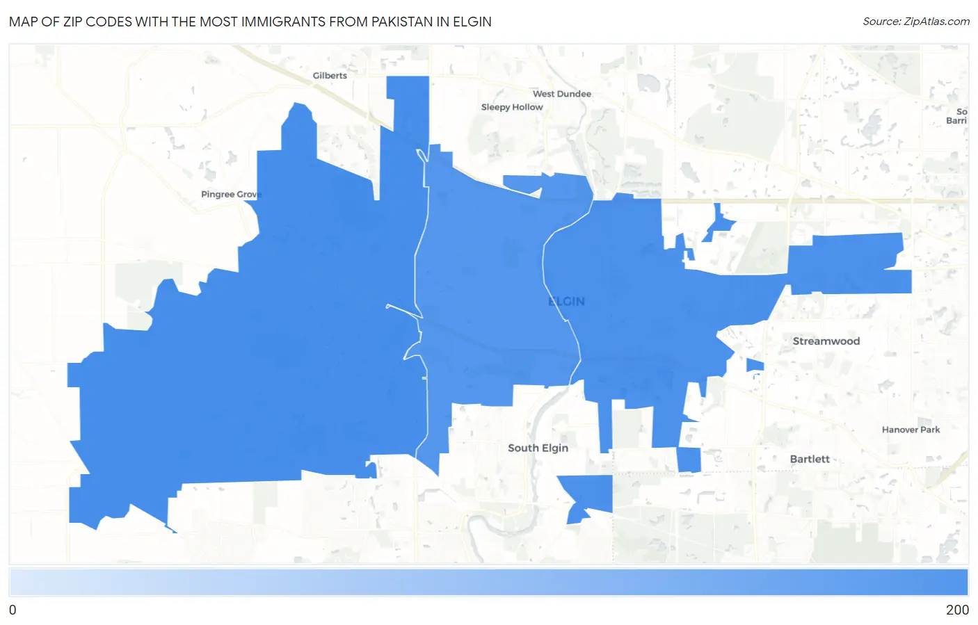 Zip Codes with the Most Immigrants from Pakistan in Elgin Map