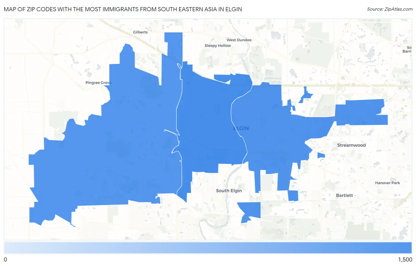 Zip Codes with the Most Immigrants from South Eastern Asia in Elgin Map