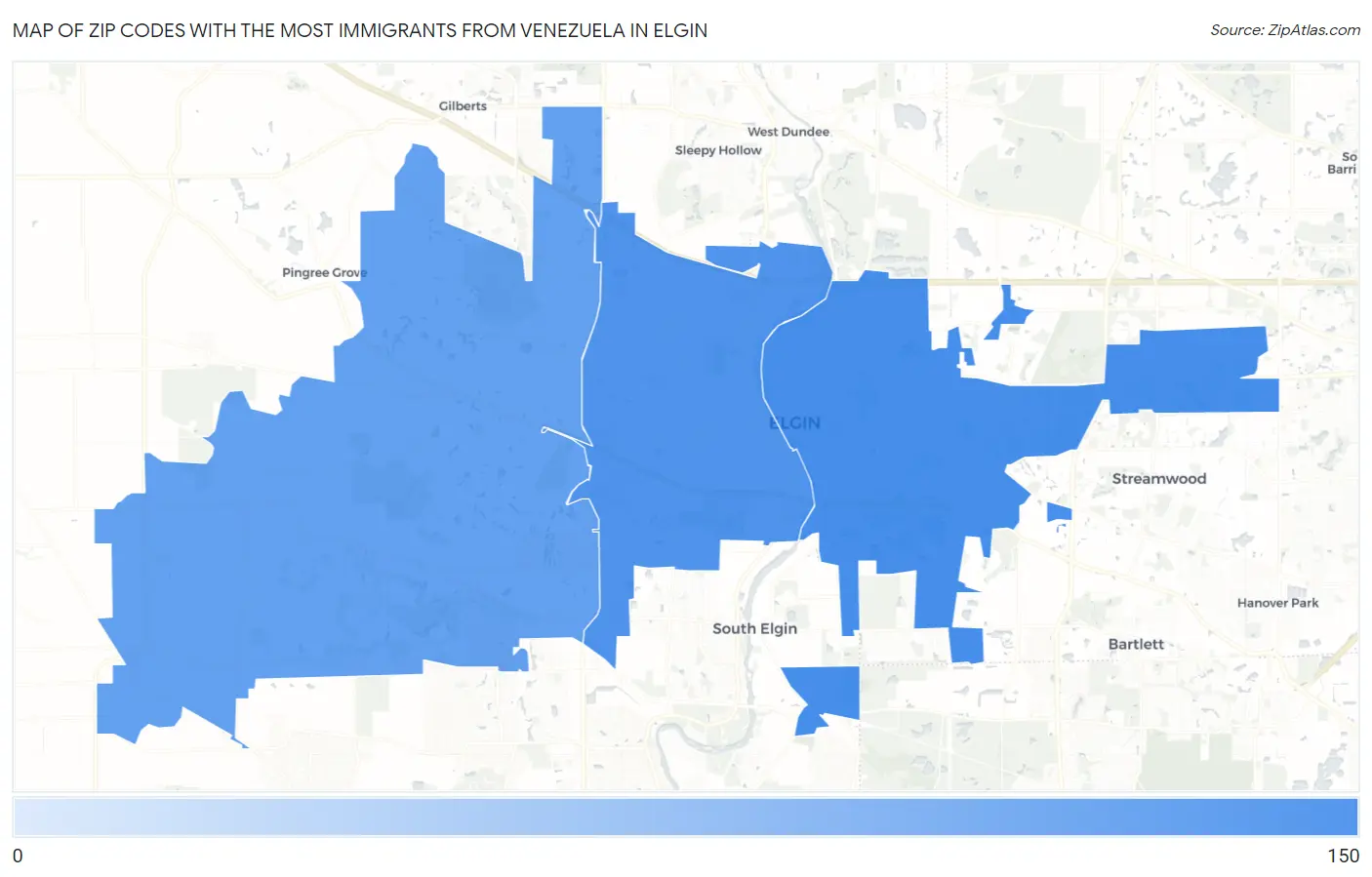 Zip Codes with the Most Immigrants from Venezuela in Elgin Map