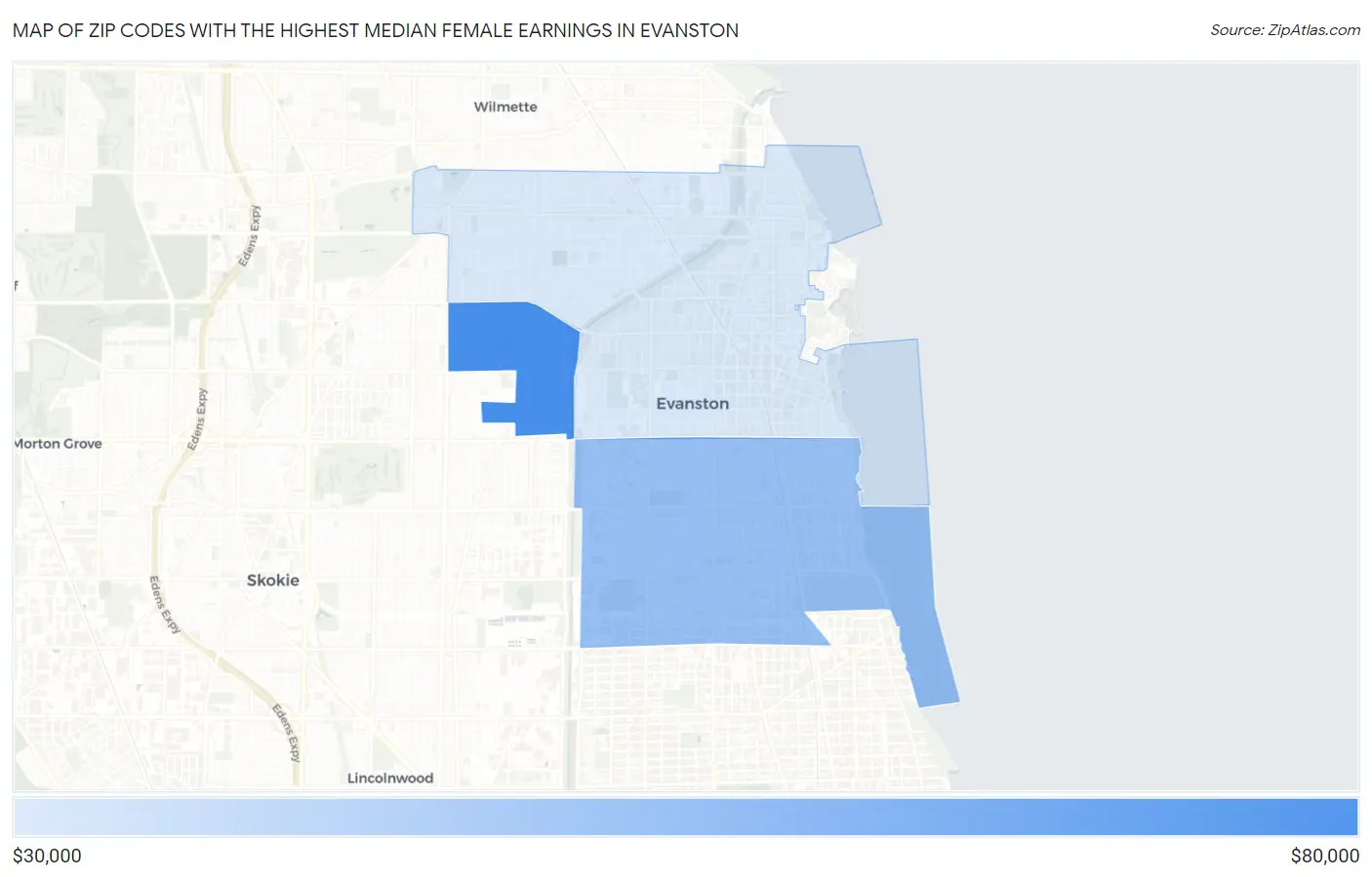 Zip Codes with the Highest Median Female Earnings in Evanston Map