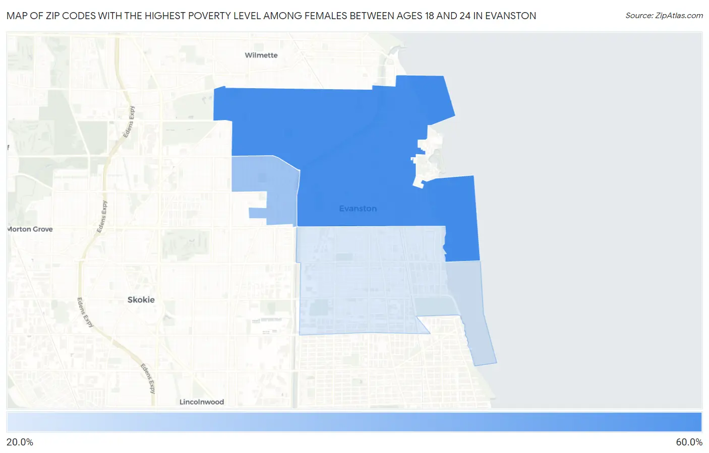 Zip Codes with the Highest Poverty Level Among Females Between Ages 18 and 24 in Evanston Map