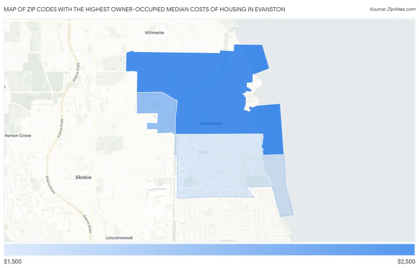 Zip Codes with the Highest Owner-Occupied Median Costs of Housing in Evanston Map