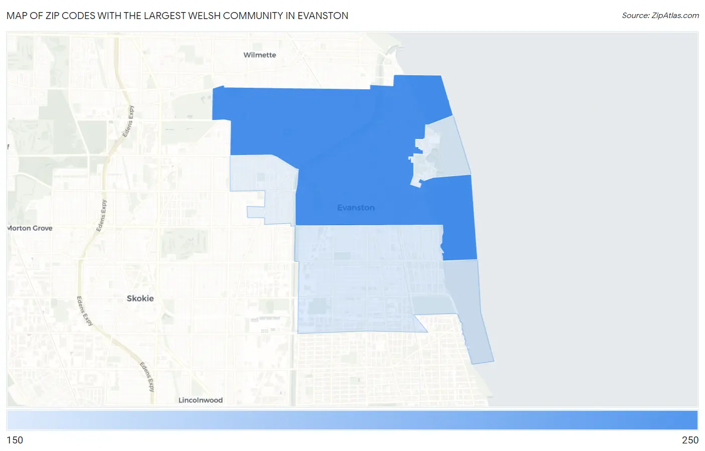 Zip Codes with the Largest Welsh Community in Evanston Map