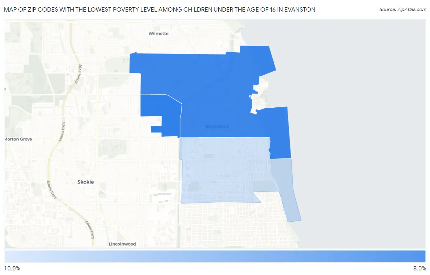 Zip Codes with the Lowest Poverty Level Among Children Under the Age of 16 in Evanston Map