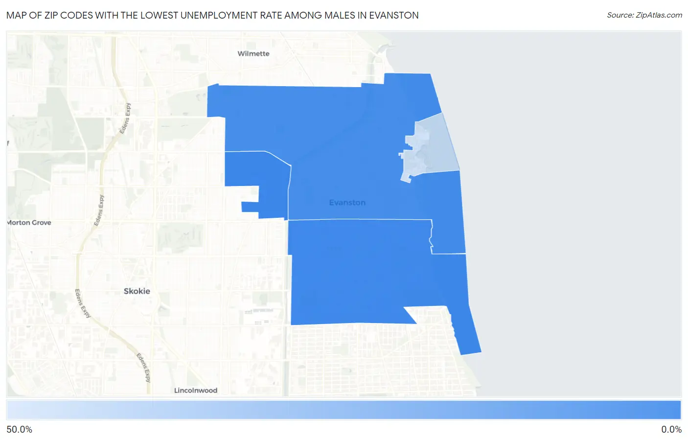 Zip Codes with the Lowest Unemployment Rate Among Males in Evanston Map