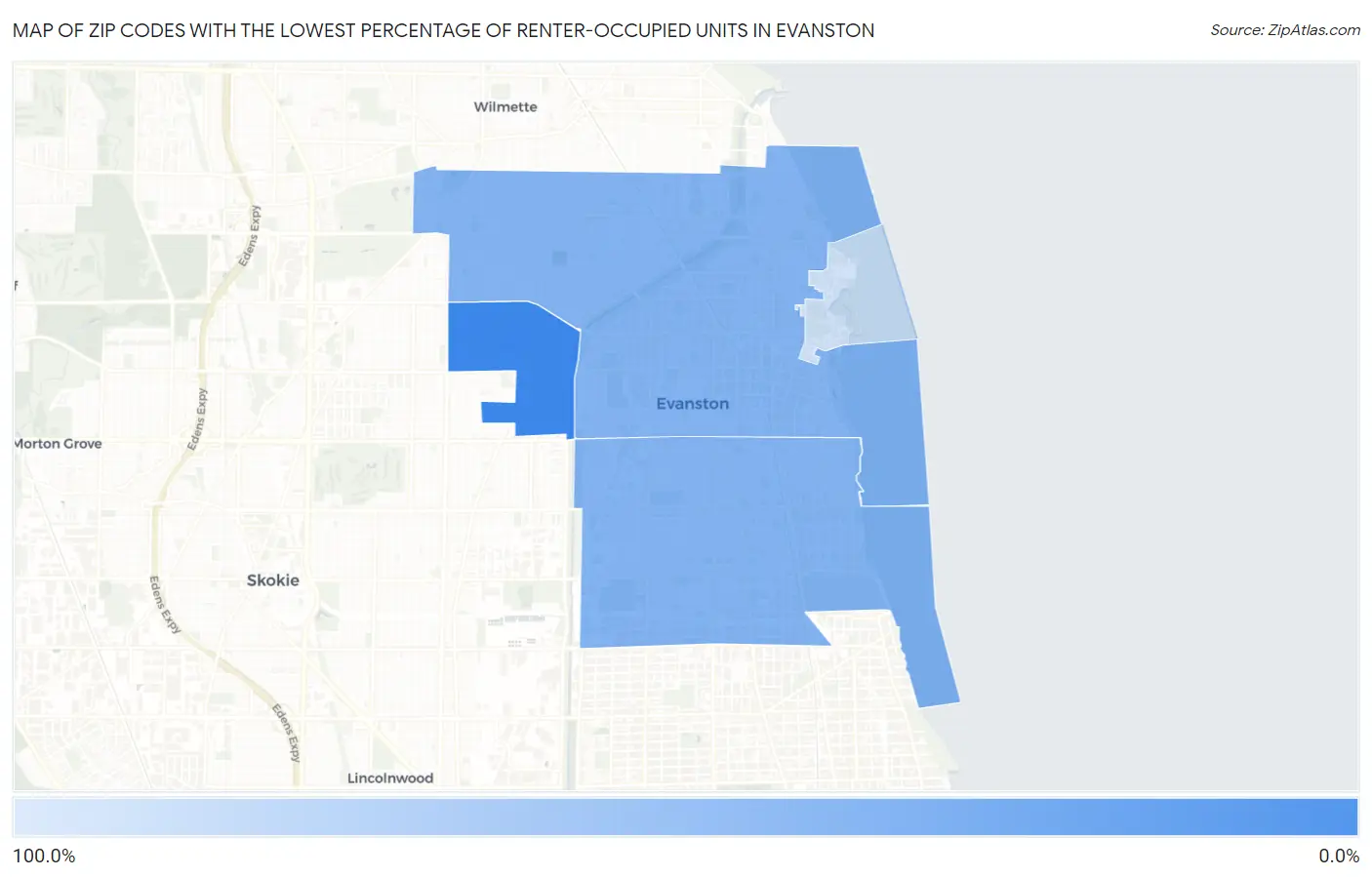 Zip Codes with the Lowest Percentage of Renter-Occupied Units in Evanston Map