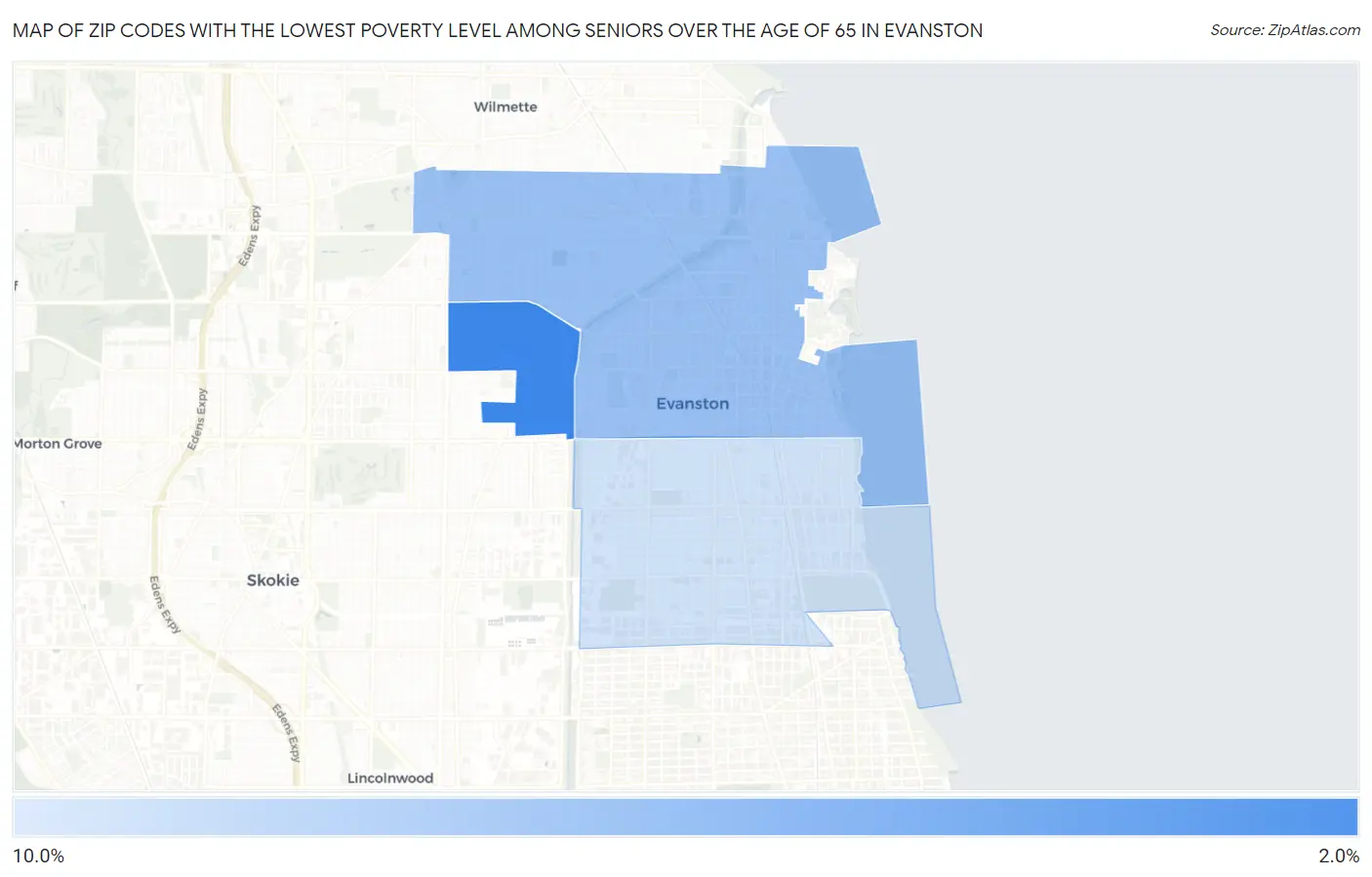 Zip Codes with the Lowest Poverty Level Among Seniors Over the Age of 65 in Evanston Map
