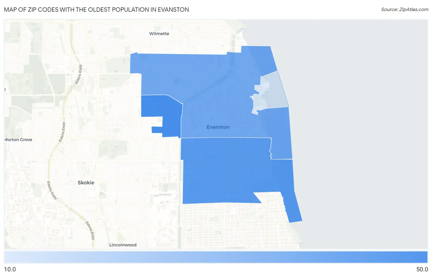 Zip Codes with the Oldest Population in Evanston Map