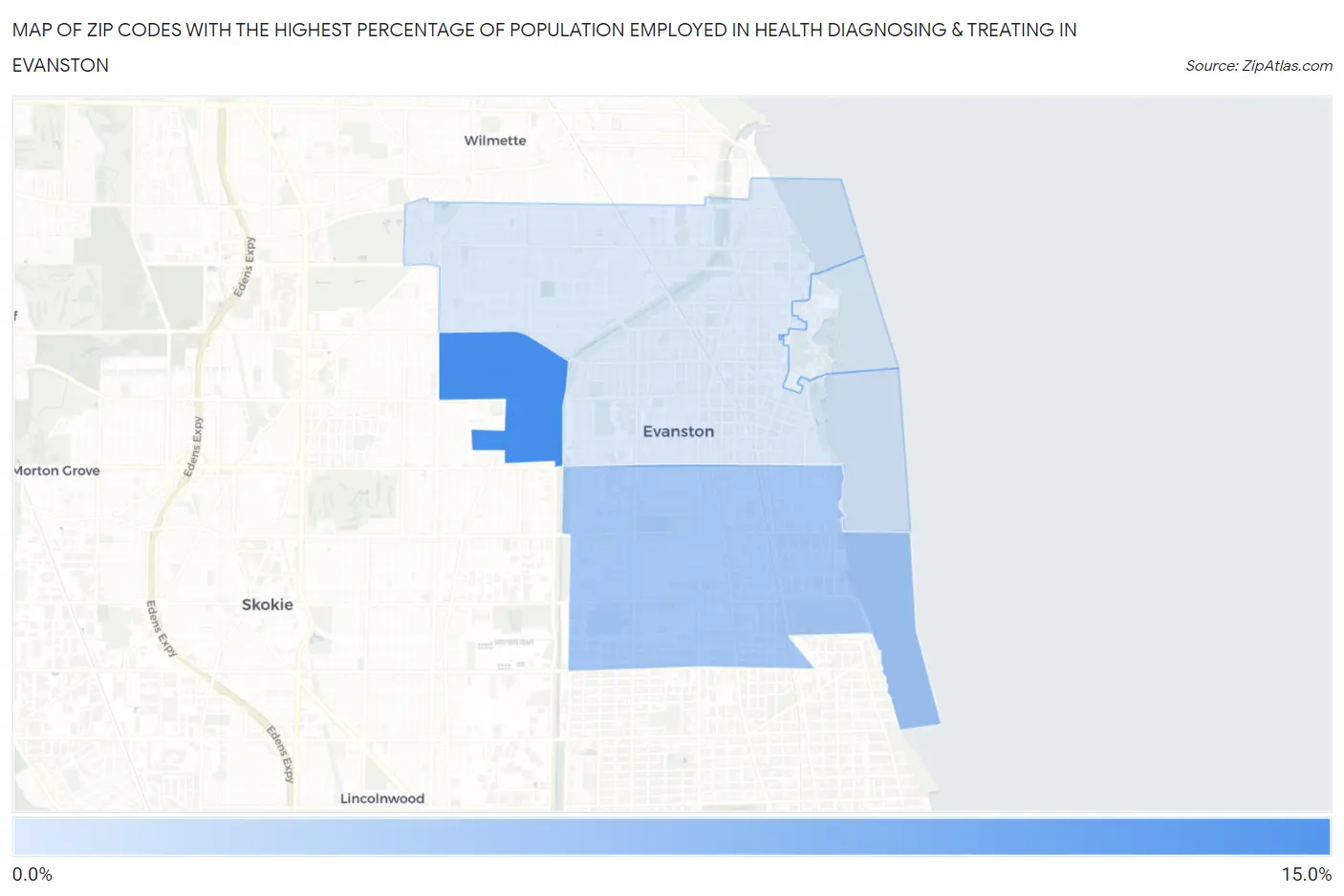 Zip Codes with the Highest Percentage of Population Employed in Health Diagnosing & Treating in Evanston Map