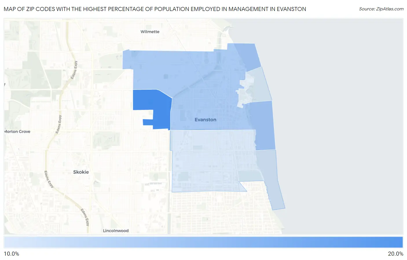 Zip Codes with the Highest Percentage of Population Employed in Management in Evanston Map