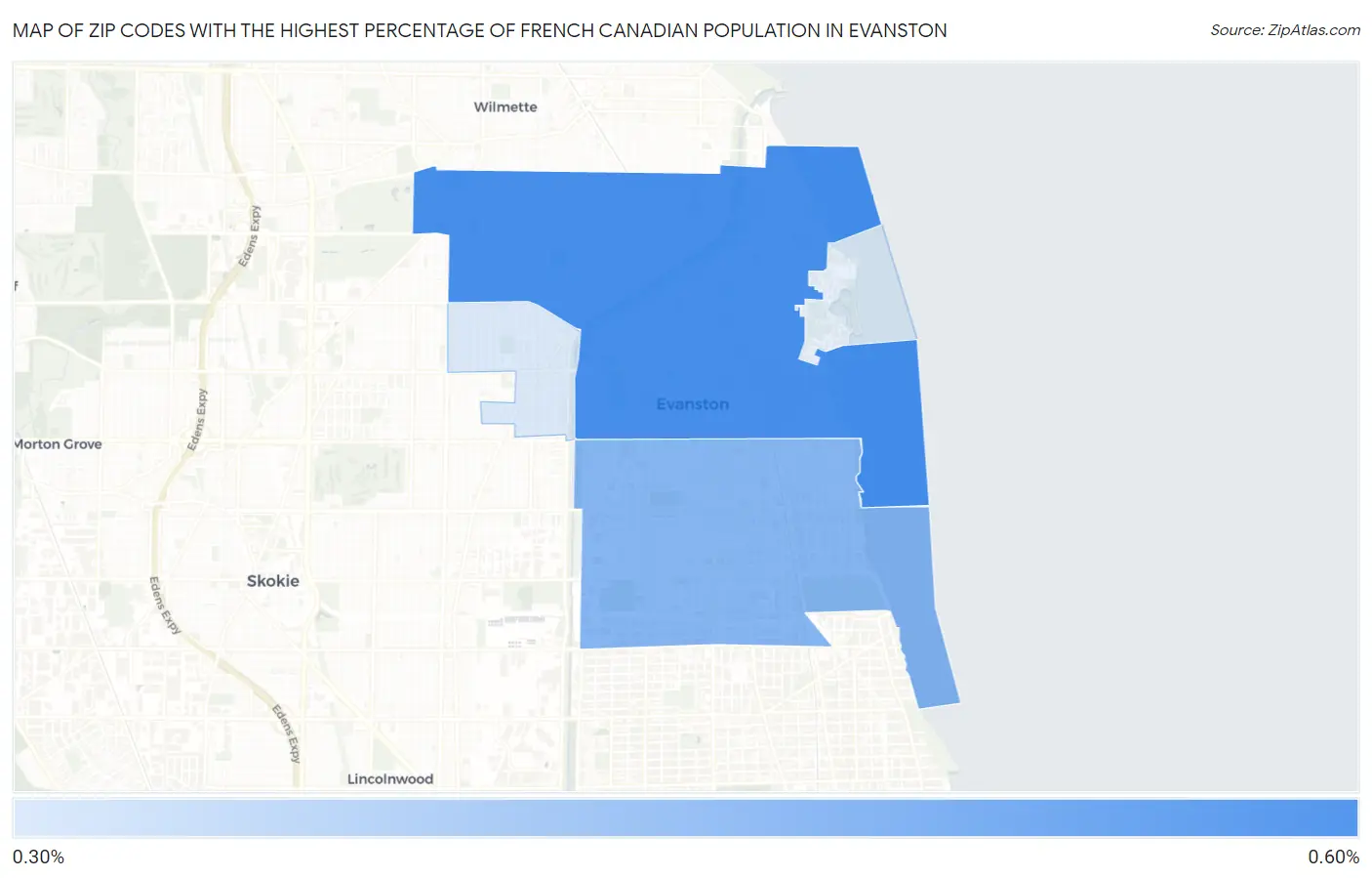 Zip Codes with the Highest Percentage of French Canadian Population in Evanston Map