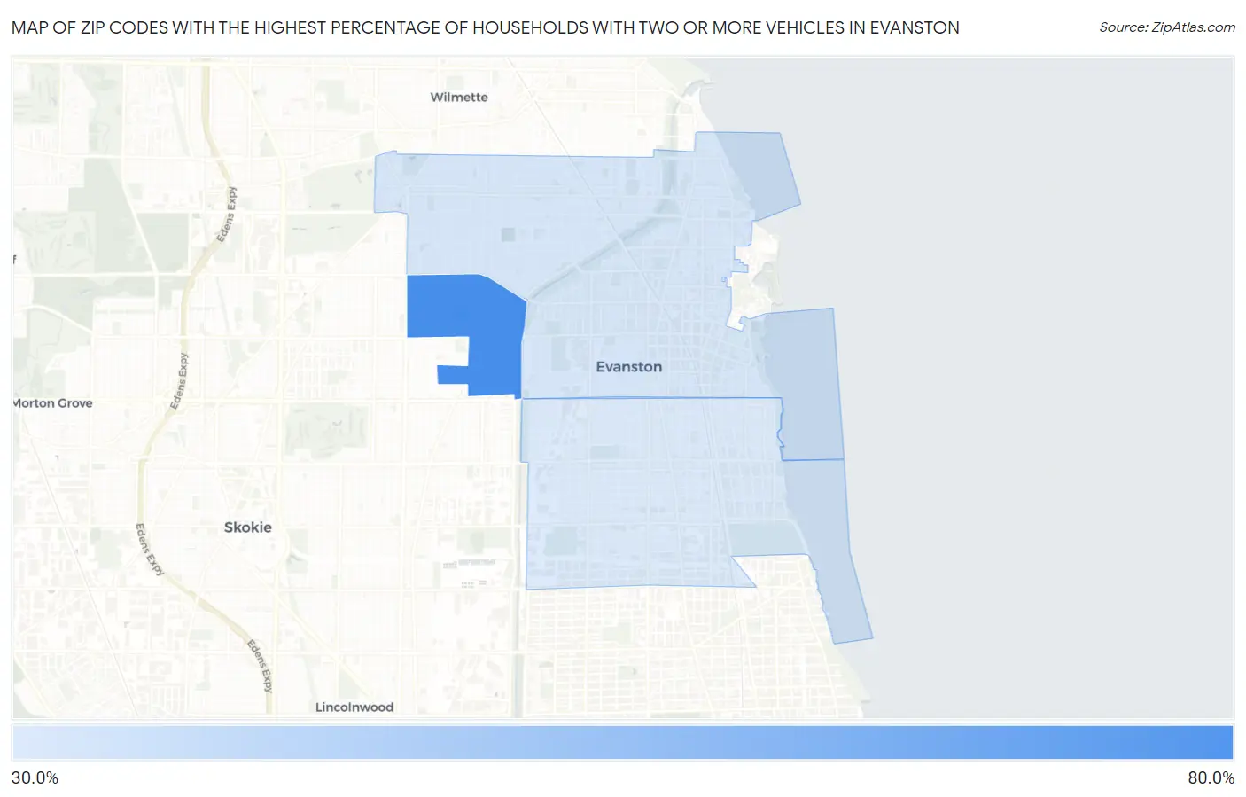 Zip Codes with the Highest Percentage of Households With Two or more Vehicles in Evanston Map