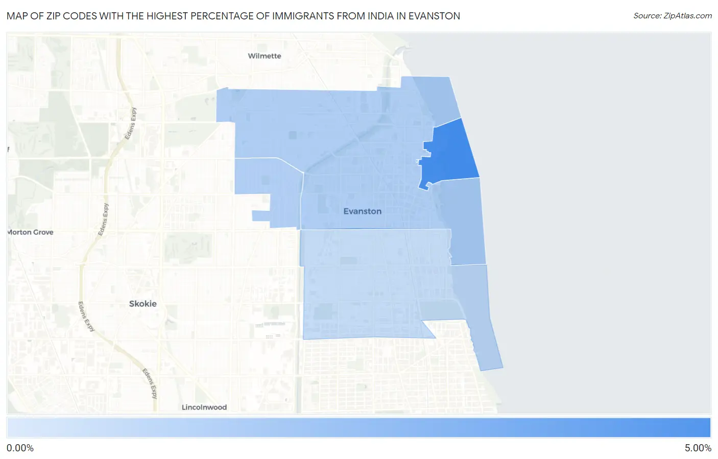 Zip Codes with the Highest Percentage of Immigrants from India in Evanston Map