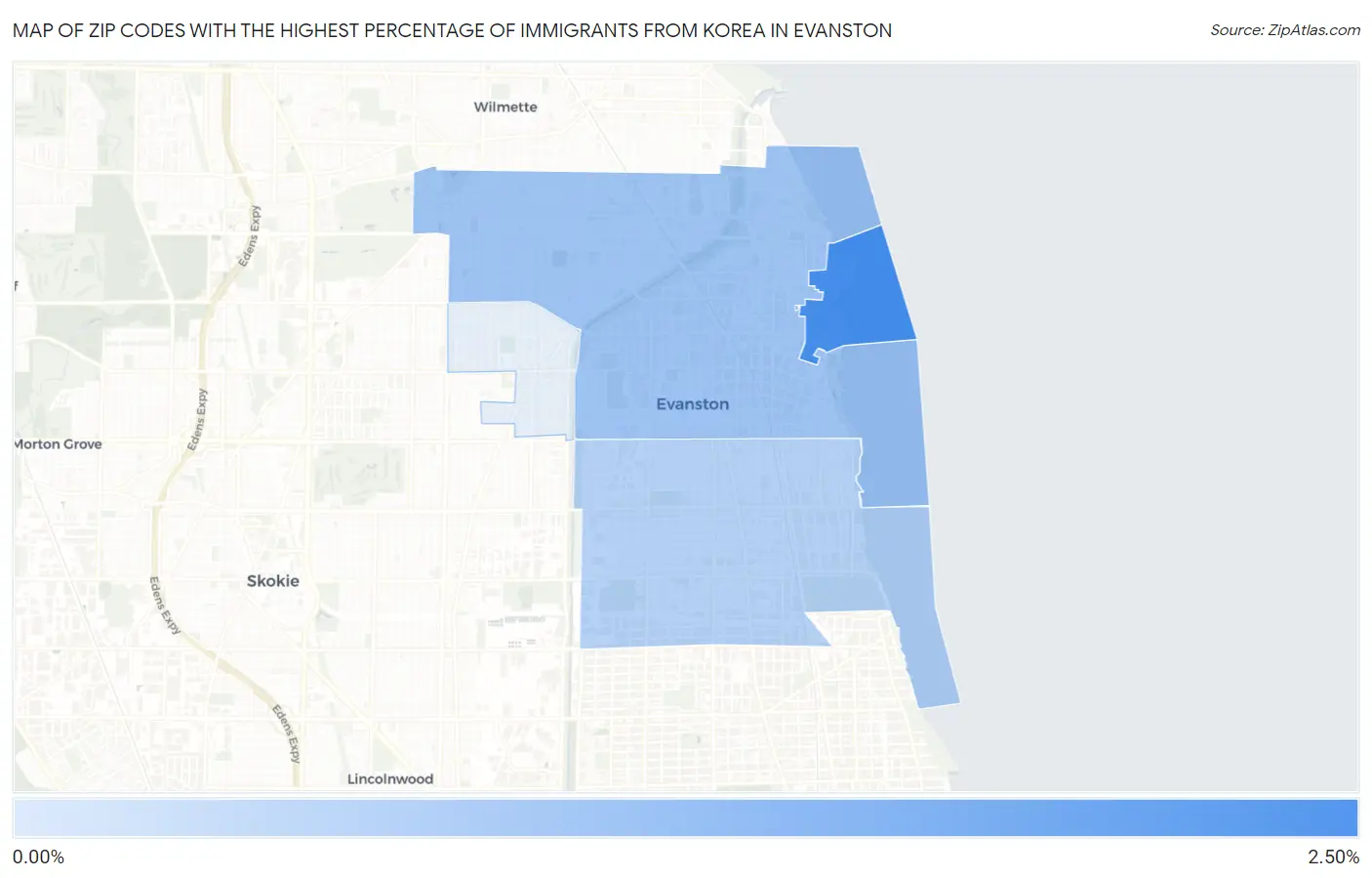 Zip Codes with the Highest Percentage of Immigrants from Korea in Evanston Map