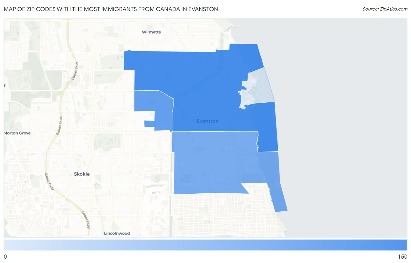 Zip Codes with the Most Immigrants from Canada in Evanston Map
