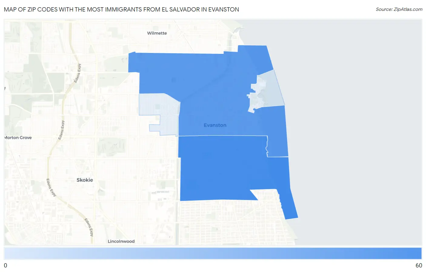 Zip Codes with the Most Immigrants from El Salvador in Evanston Map