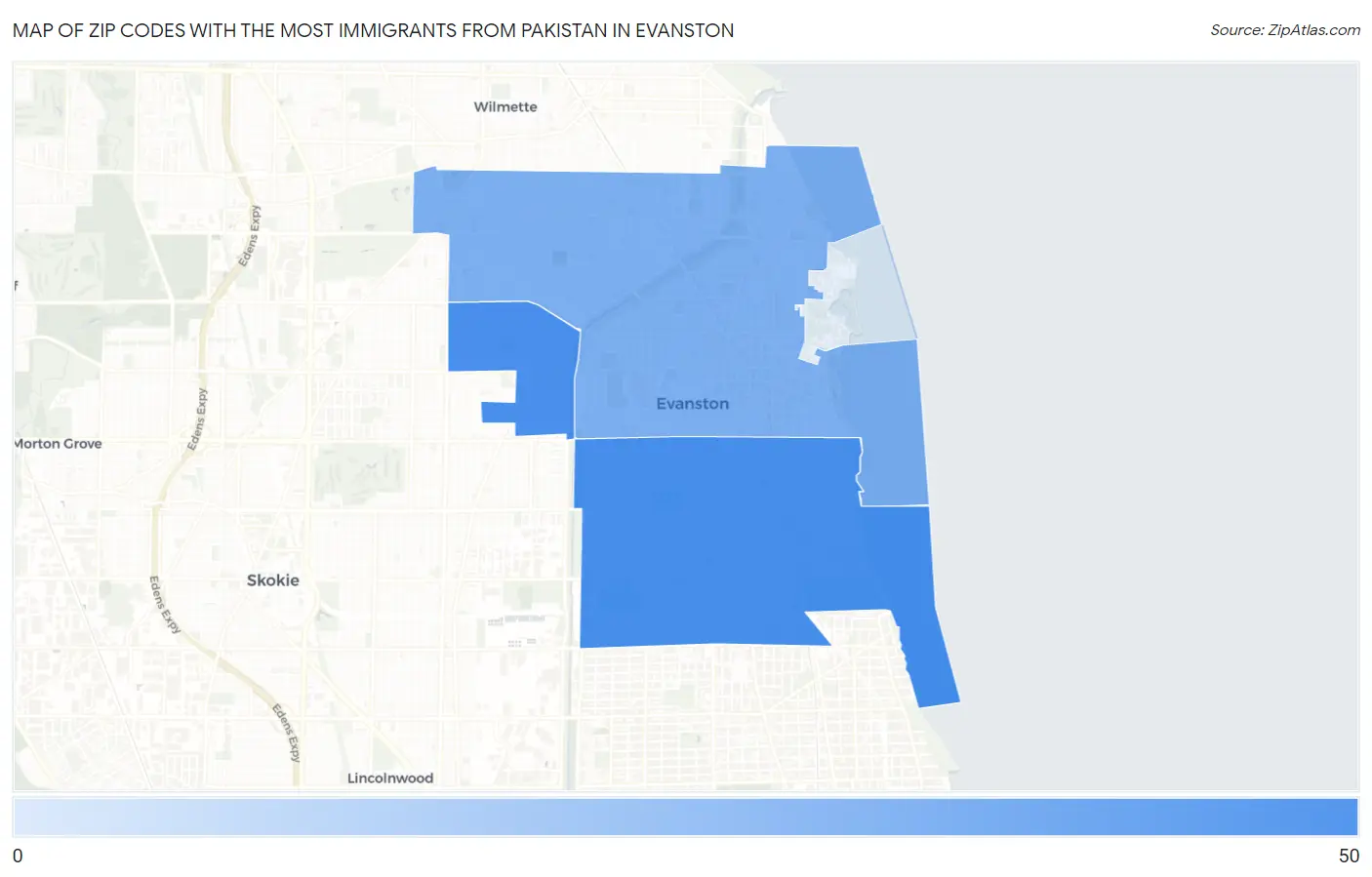 Zip Codes with the Most Immigrants from Pakistan in Evanston Map