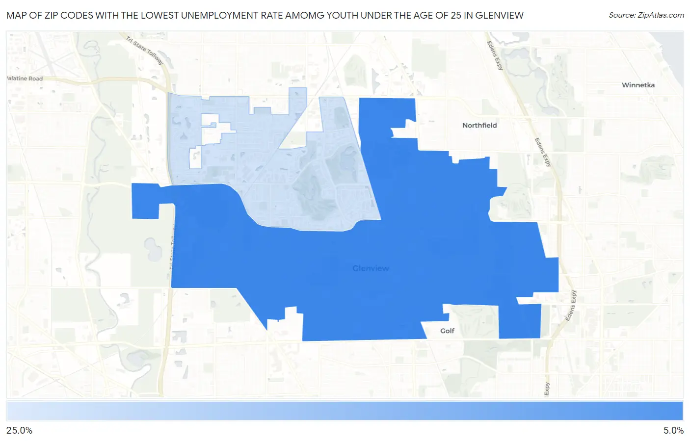 Zip Codes with the Lowest Unemployment Rate Amomg Youth Under the Age of 25 in Glenview Map