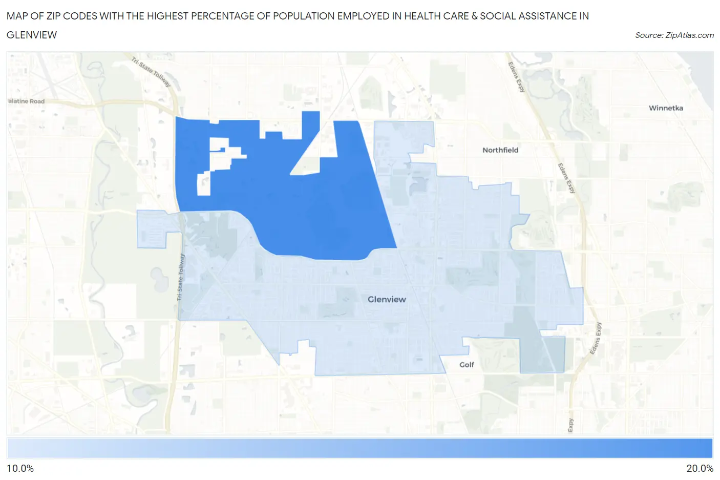 Zip Codes with the Highest Percentage of Population Employed in Health Care & Social Assistance in Glenview Map