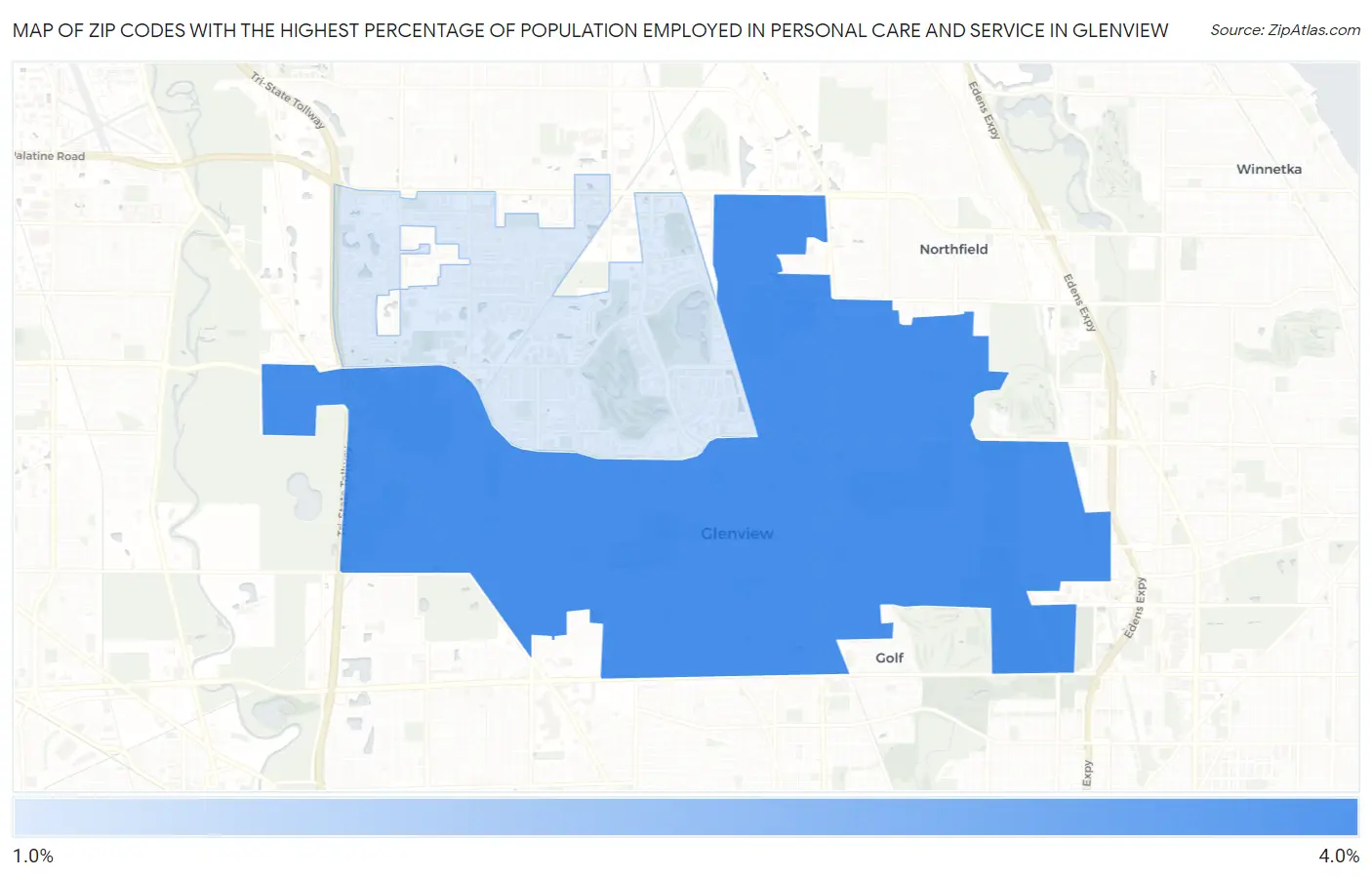 Zip Codes with the Highest Percentage of Population Employed in Personal Care and Service in Glenview Map