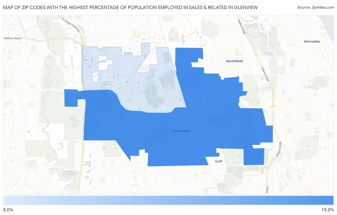 Zip Codes with the Highest Percentage of Population Employed in Sales & Related in Glenview Map