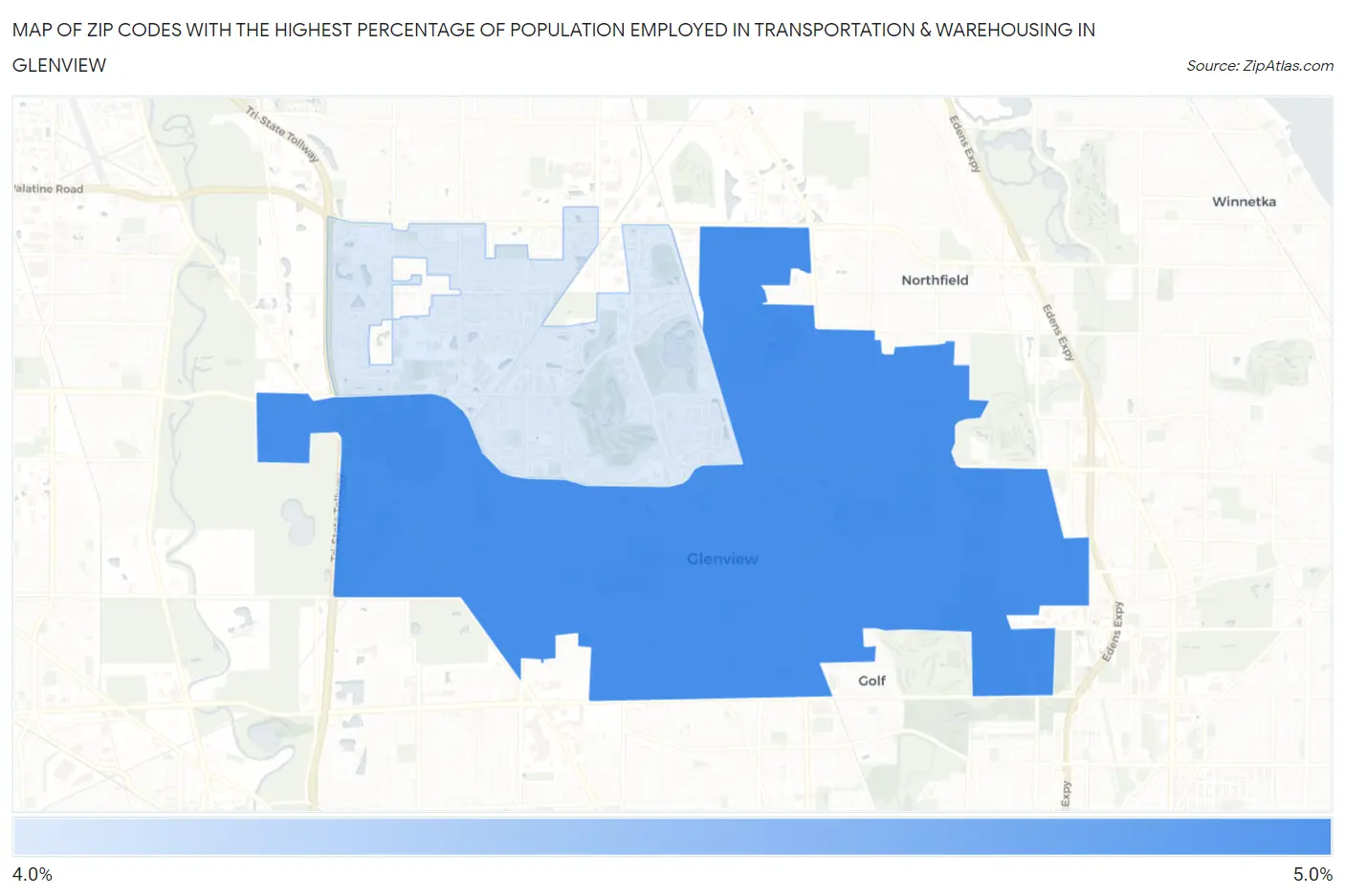 Zip Codes with the Highest Percentage of Population Employed in Transportation & Warehousing in Glenview Map