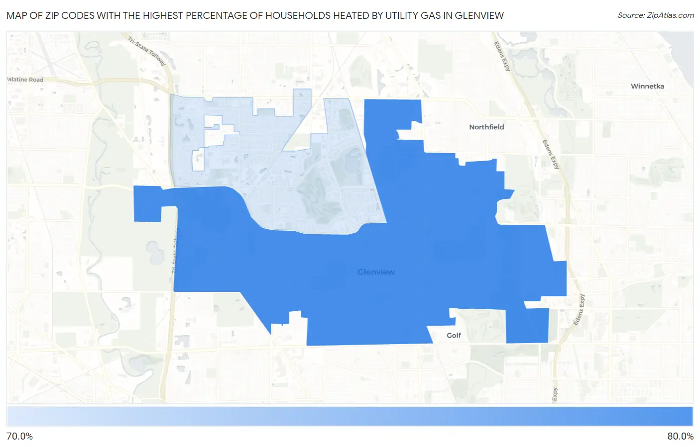 Zip Codes with the Highest Percentage of Households Heated by Utility Gas in Glenview Map