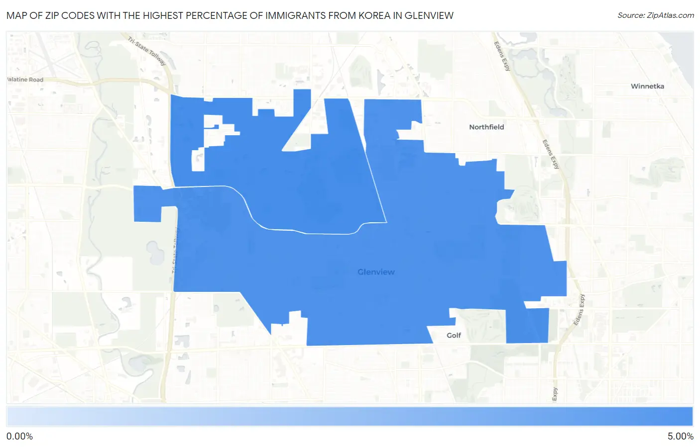 Zip Codes with the Highest Percentage of Immigrants from Korea in Glenview Map