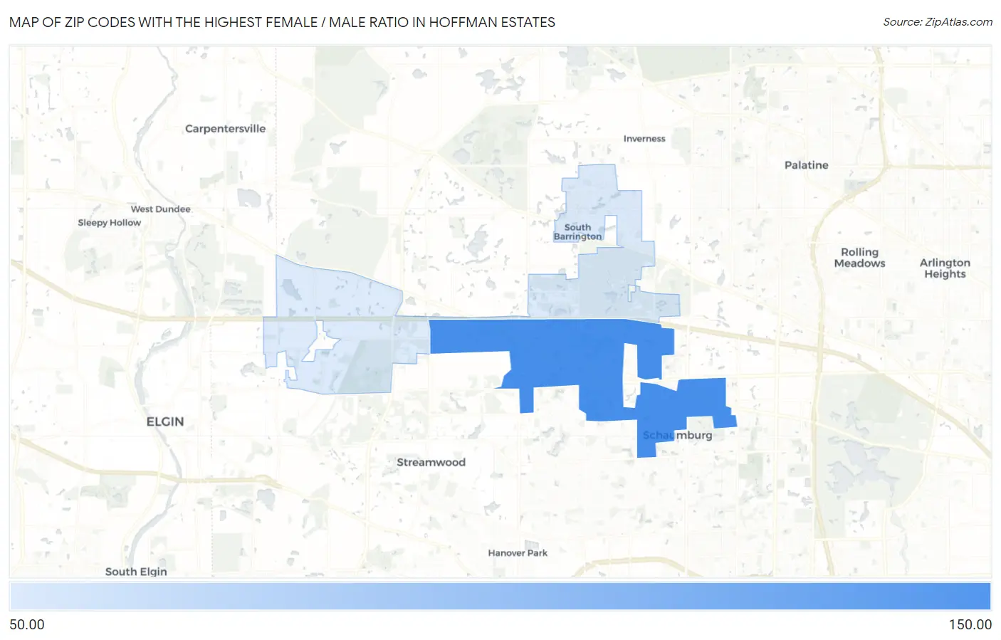 Zip Codes with the Highest Female / Male Ratio in Hoffman Estates Map