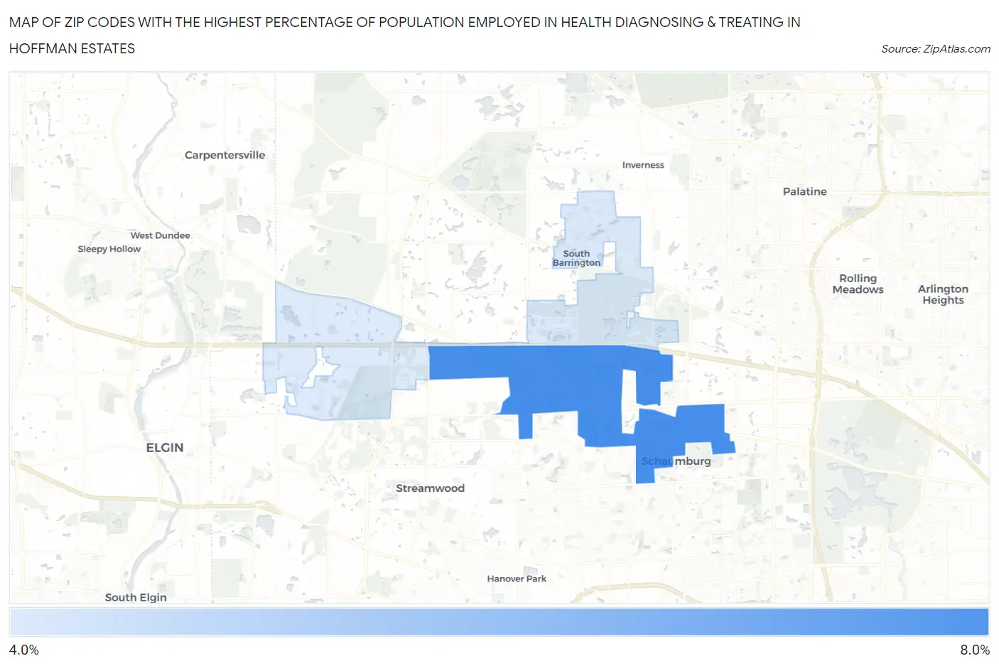 Zip Codes with the Highest Percentage of Population Employed in Health Diagnosing & Treating in Hoffman Estates Map
