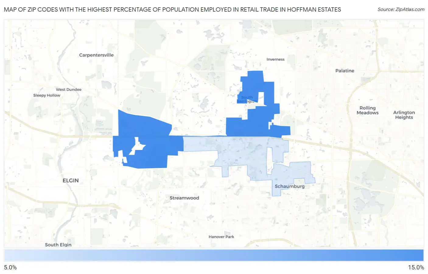 Zip Codes with the Highest Percentage of Population Employed in Retail Trade in Hoffman Estates Map
