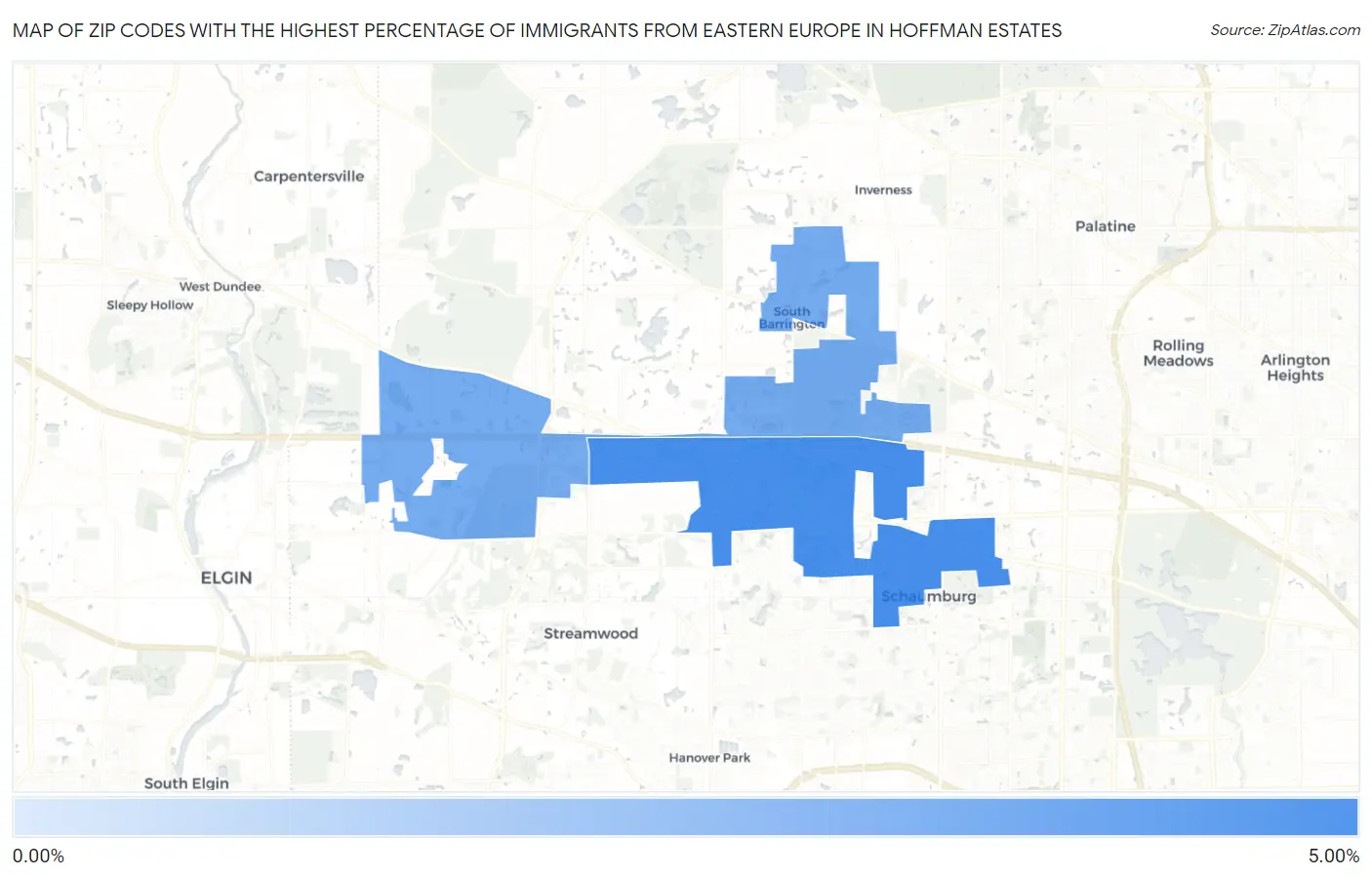 Zip Codes with the Highest Percentage of Immigrants from Eastern Europe in Hoffman Estates Map