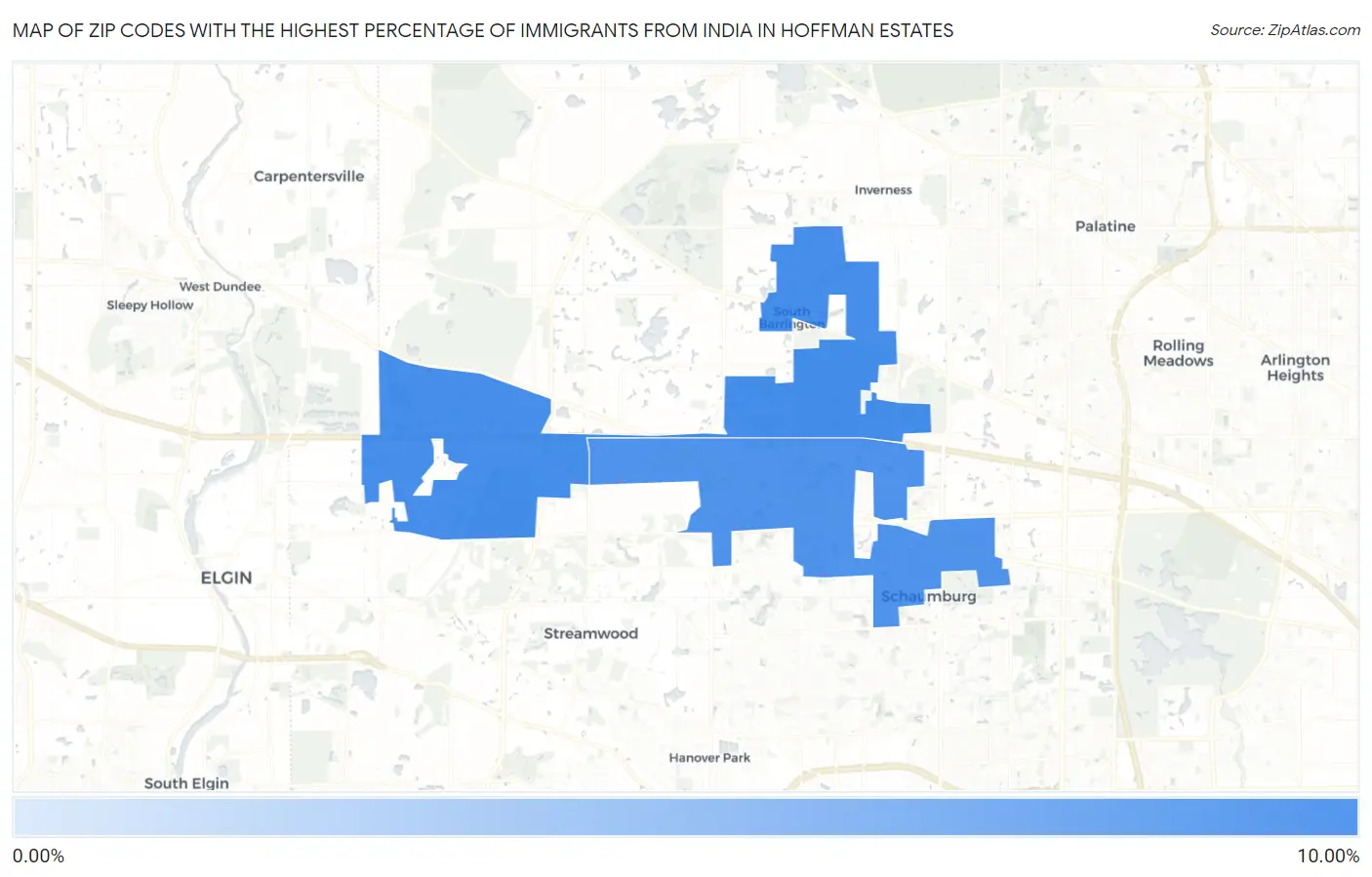 Zip Codes with the Highest Percentage of Immigrants from India in Hoffman Estates Map