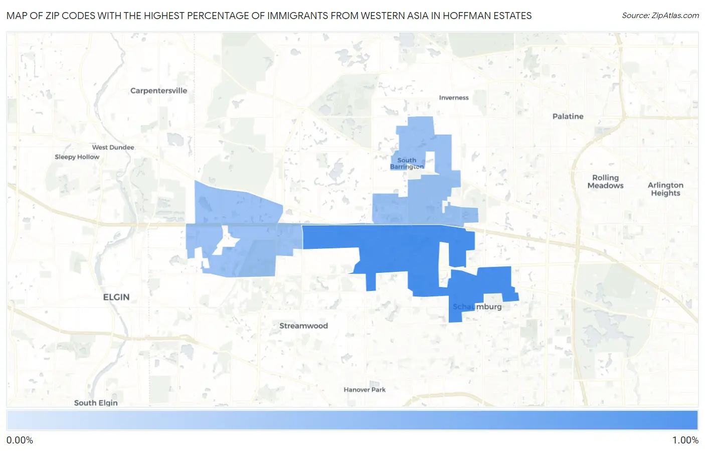 Zip Codes with the Highest Percentage of Immigrants from Western Asia in Hoffman Estates Map