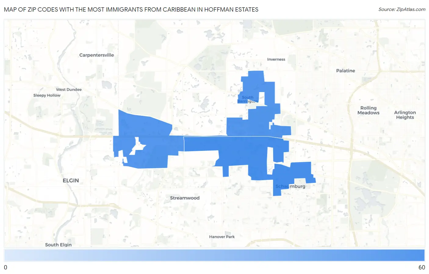 Zip Codes with the Most Immigrants from Caribbean in Hoffman Estates Map