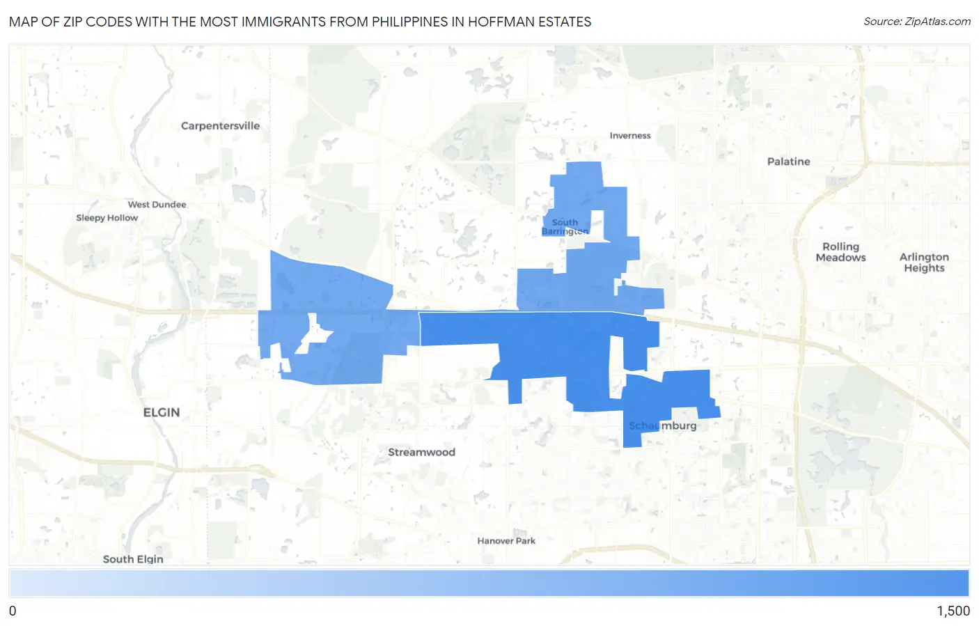 Zip Codes with the Most Immigrants from Philippines in Hoffman Estates Map