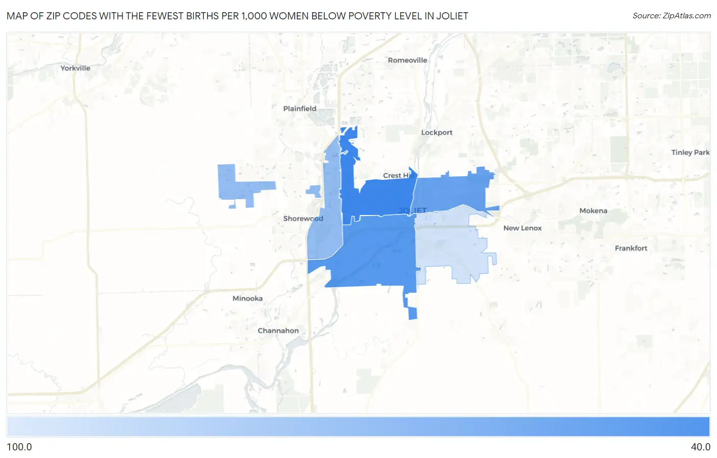 Zip Codes with the Fewest Births per 1,000 Women Below Poverty Level in Joliet Map