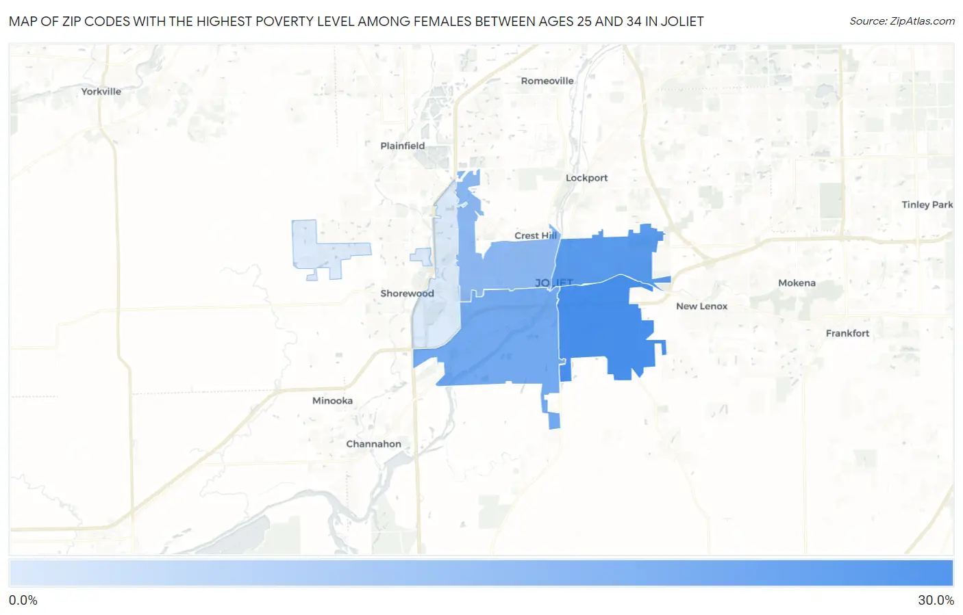 Zip Codes with the Highest Poverty Level Among Females Between Ages 25 and 34 in Joliet Map