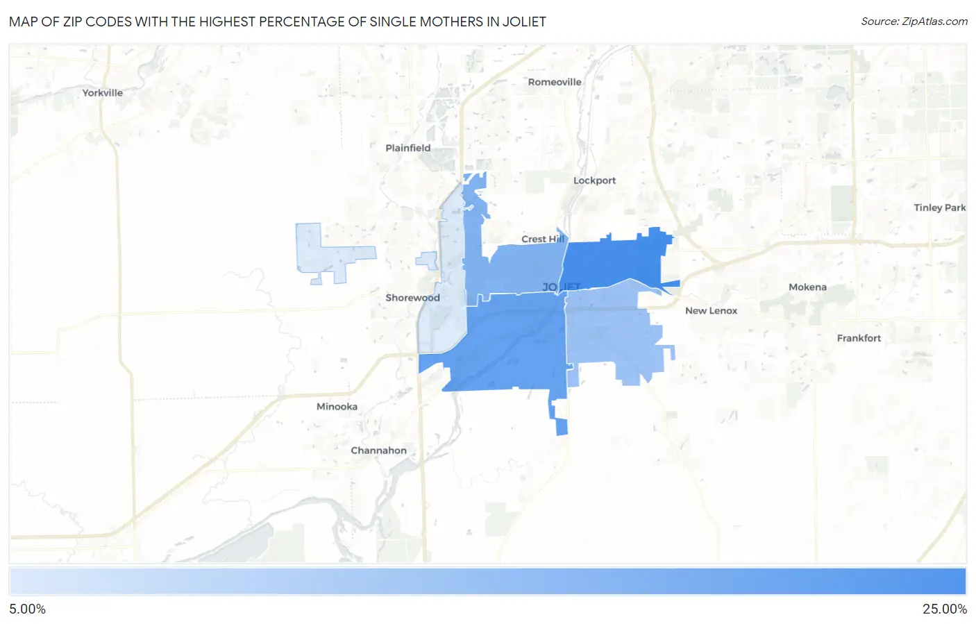 Zip Codes with the Highest Percentage of Single Mothers in Joliet Map