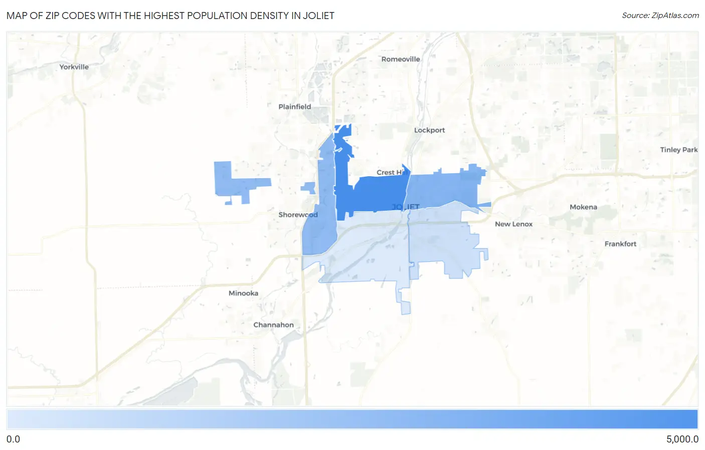 Zip Codes with the Highest Population Density in Joliet Map