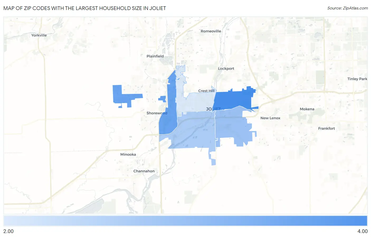 Zip Codes with the Largest Household Size in Joliet Map