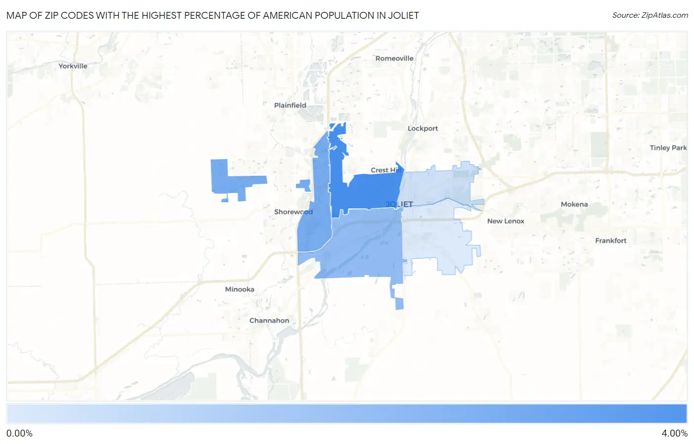 Zip Codes with the Highest Percentage of American Population in Joliet Map