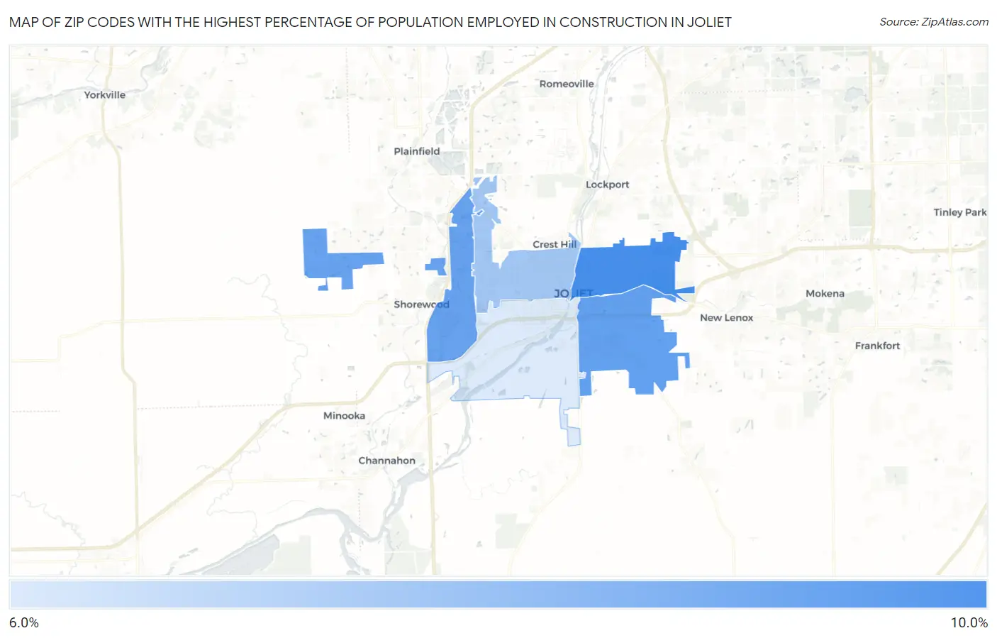Zip Codes with the Highest Percentage of Population Employed in Construction in Joliet Map