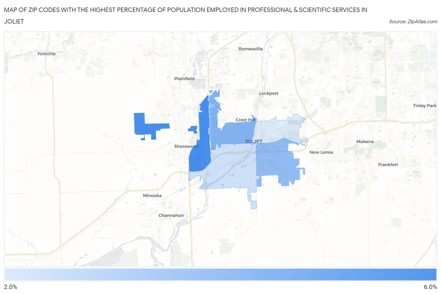 Zip Codes with the Highest Percentage of Population Employed in Professional & Scientific Services in Joliet Map
