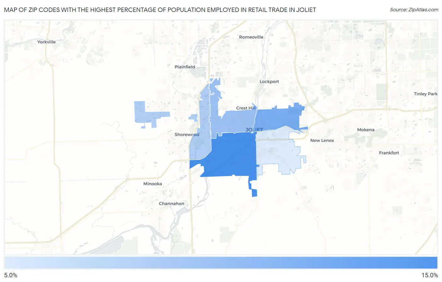 Zip Codes with the Highest Percentage of Population Employed in Retail Trade in Joliet Map