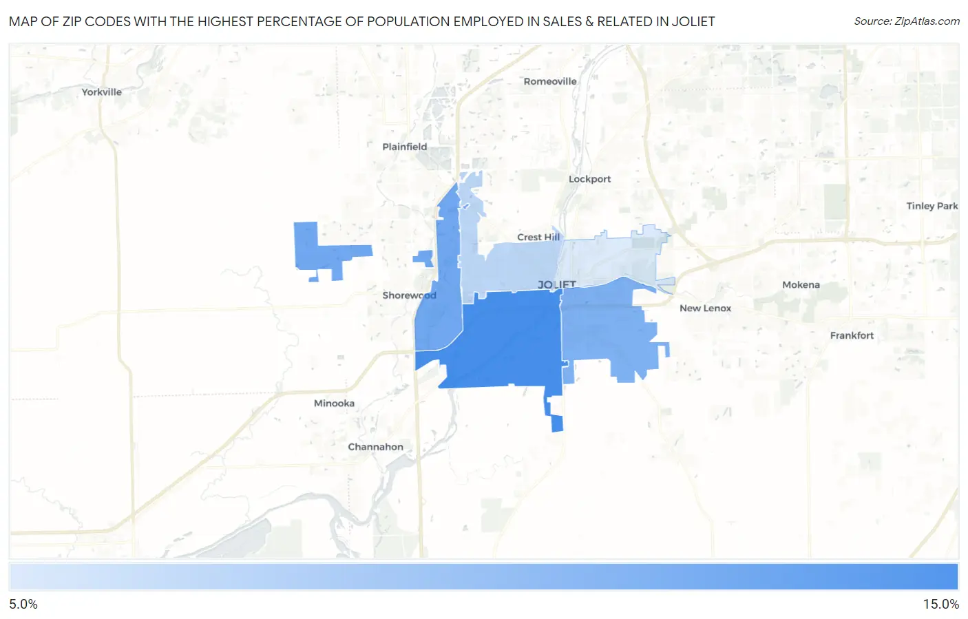 Zip Codes with the Highest Percentage of Population Employed in Sales & Related in Joliet Map