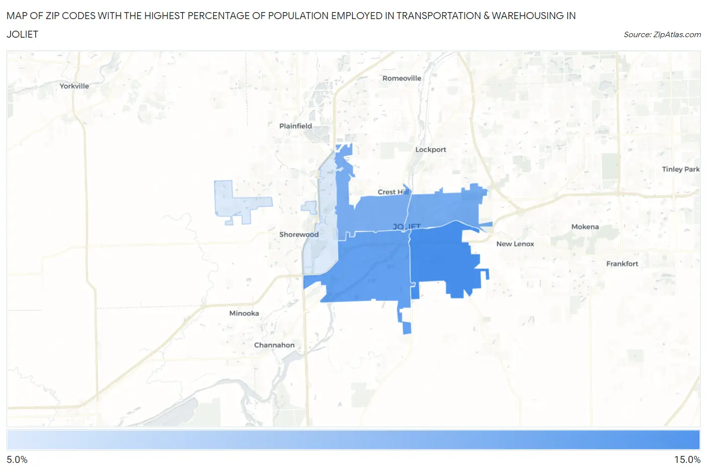 Zip Codes with the Highest Percentage of Population Employed in Transportation & Warehousing in Joliet Map