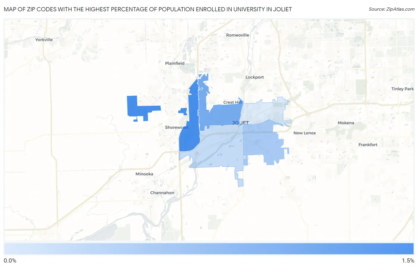 Zip Codes with the Highest Percentage of Population Enrolled in University in Joliet Map